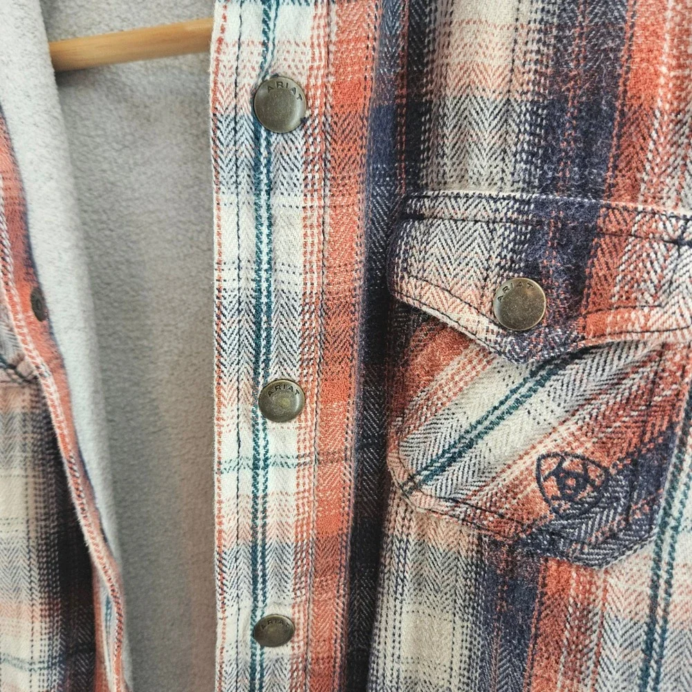 Ariat Boys Hooded Flannel Grey Orange Blue Shirt Jacket Plaid Button Down Medium